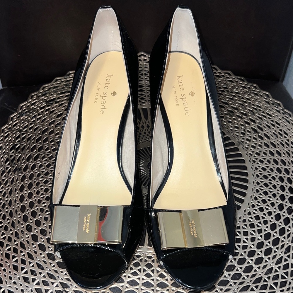 kate spade Black Patent Peep-Toe Wedges with Gold Bow Accent - Picture 6 of 6
